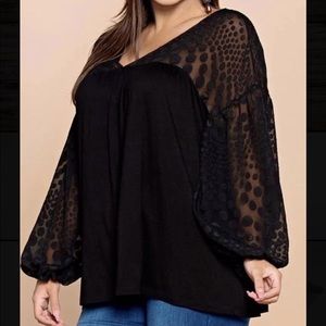 Black dot mesh lace sleeve blouse plus size NWT